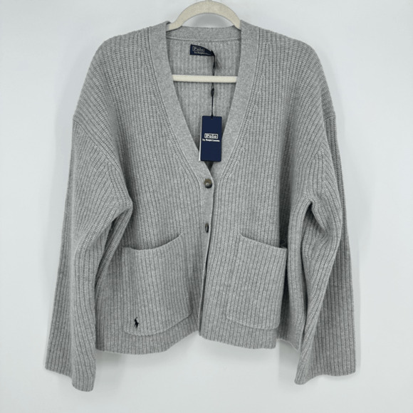 Polo Ralph Lauren Womens L Ribbed Cardigan Sweater Wool Cashmere Gray Preppy - Picture 2 of 10